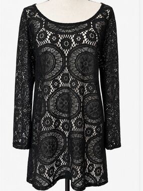 Black Boho Crochet Medallion Lace Long-Sleeve Tunic Top Swim Beach Festival M/L